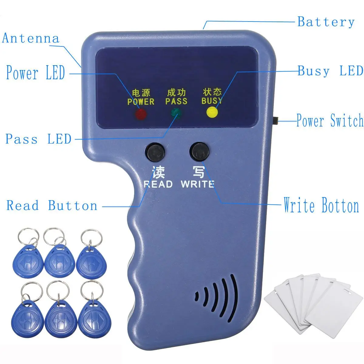 

NEW 13Pcs 125Khz Handheld RFID ID Card Copier/ Reader/Writer Duplicator Programmer6 Pcs Writable Tags+6 Pcs Cards