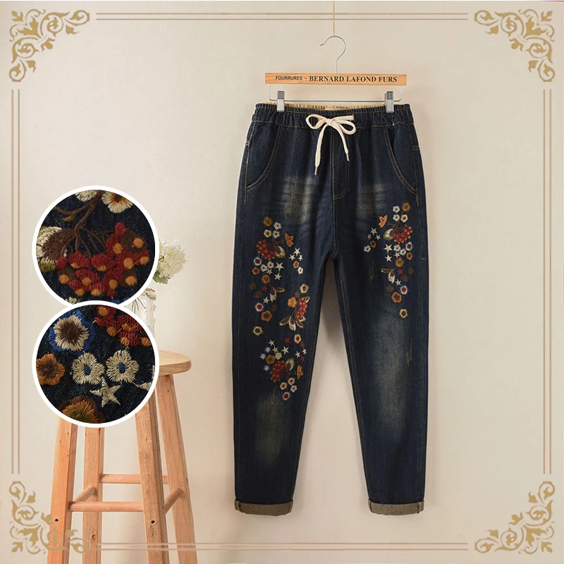 

Elasticity Waist with draw string Roll Up cuffs new fall folk style large size women Embroidered Floral thin loose jeans pants