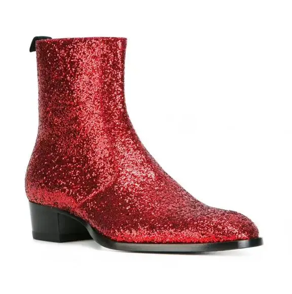 LANSHITINA Chelsea boots men Glitter Sequin boots British Style red