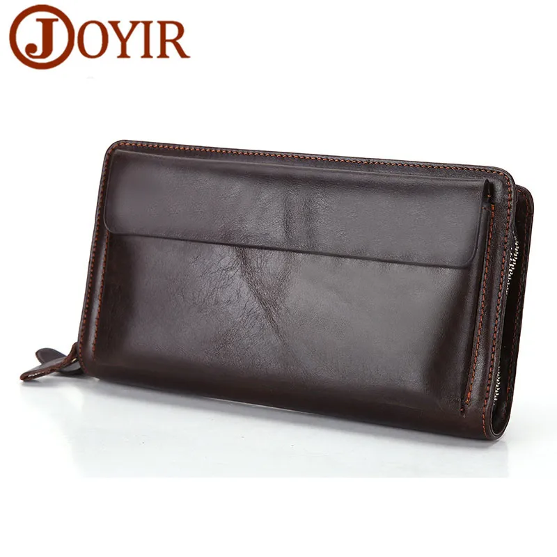 

JOYIR Genuine Leather Men Wallet Long Double Zipper Wallet Vintage Handbag Male Clutch Bag Card Holder Designer Coin Purse
