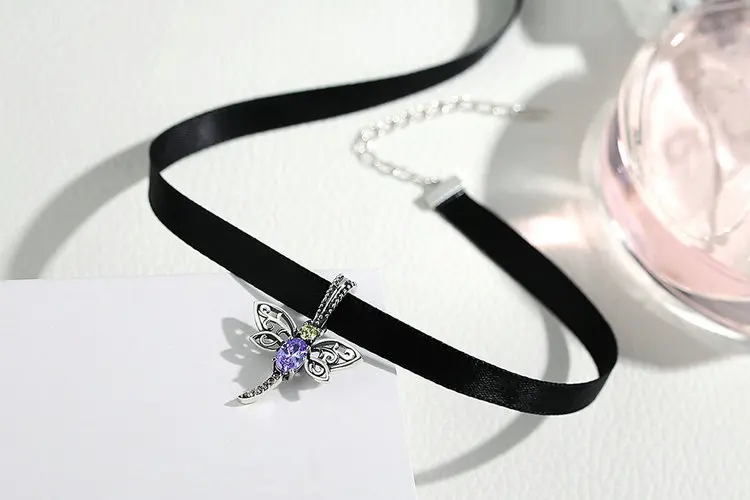 Мода тату-чокер 925 пробы серебро Симпатичные стрекозы Подвески Ожерелья Чокеры черное ожерелье чокер для женщин хорошее ювелирное изделие
