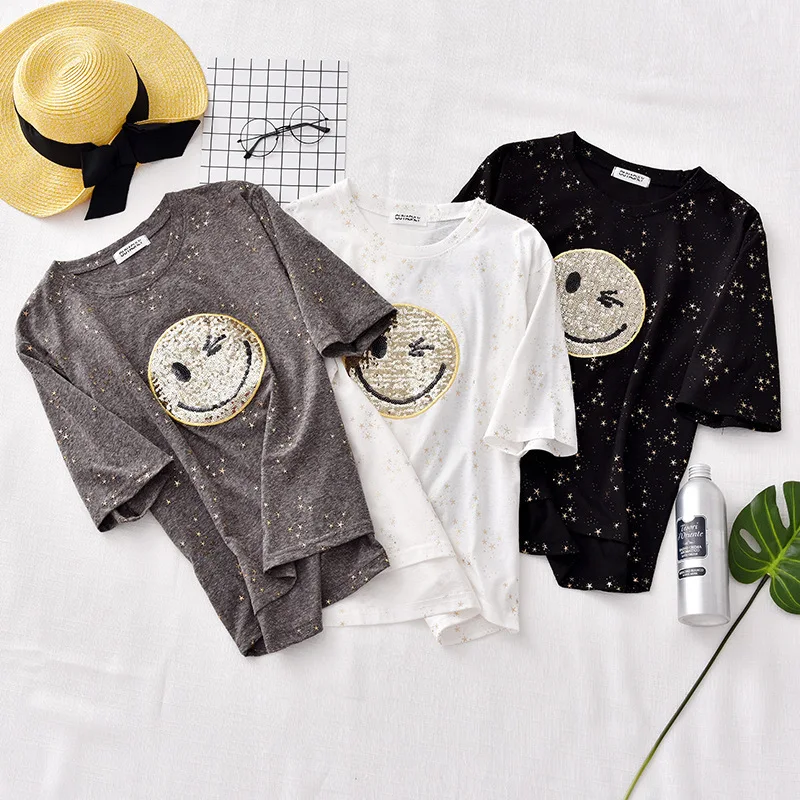 

New Loose Short Sleeve Smiling Face Printed T shirt Tri color Options