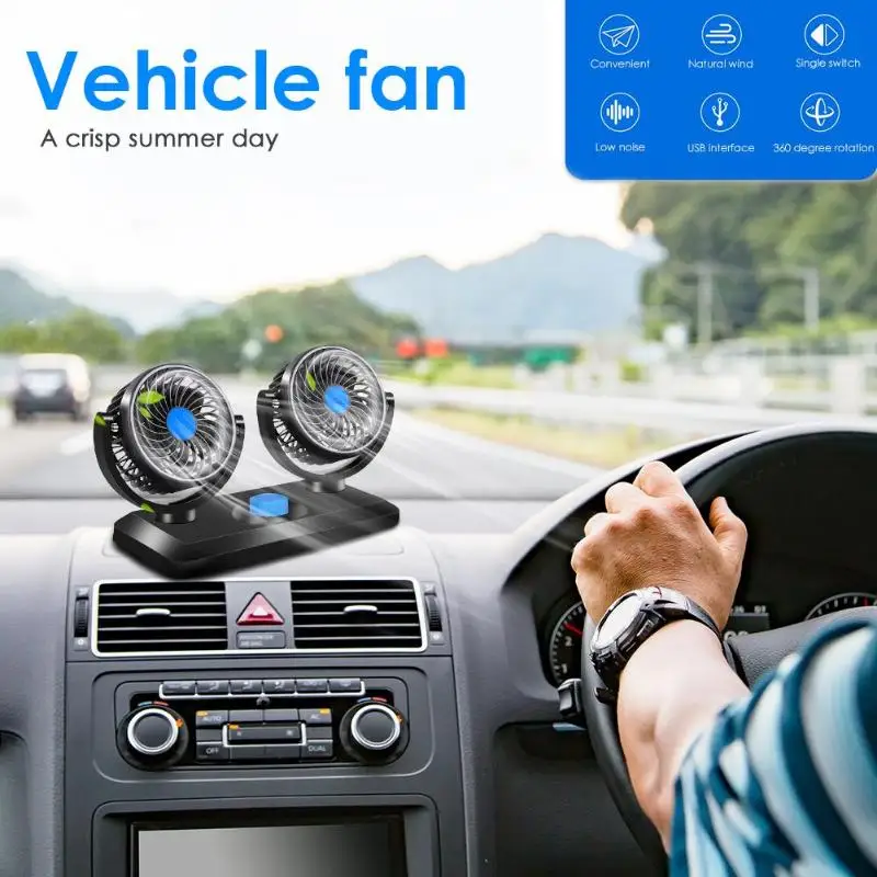 

12V 24V USB Car Air Cooling Fan Vehicle Dashboard Fans Dual Head 360 Adjustable Strong Wind Cooler Fan Car Interior Accessories