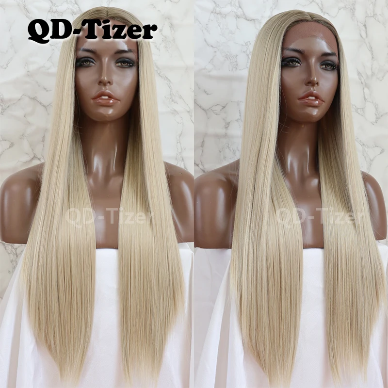 

QD-Tizer Synthetic Lace Front Wig Ombre Color Gluless Heat Resistant Silky Straight Synthetic Lace Front Wig Natural Hairline