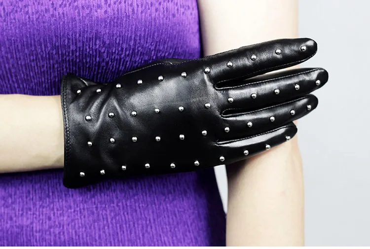 Новые женские овчины натуральная кожа перчатки заклепки осень зима теплый плюш модные черные водительские перчатки женские XC-205