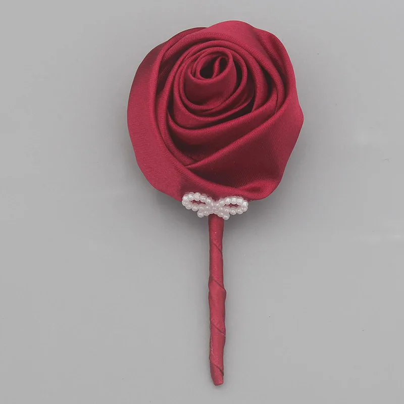 

Burgundy Best Men Corsages Prom Accessories Boutonniere Satin Rose Flowers Pin Handmade Wedding Corsage Pin Brooch XH0676