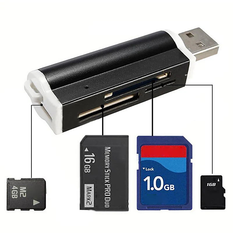 USB2.0 4 в 1 Алюминиевый сплав Мультифункциональный считыватель карт памяти для SD/SDHC/Mini SD/MMC/TF карт памяти - Цвет: Черный