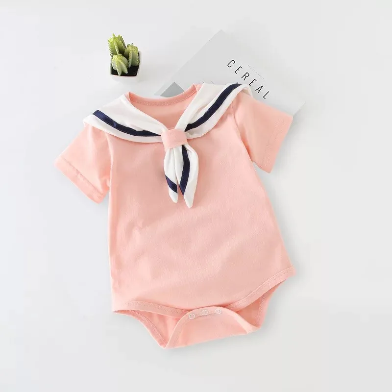 

Baby Cotton Clothes Infant Short Sleeve Bodysuit Toddlers Navy Sailor Solid Color Summer Clothing 2 Colors