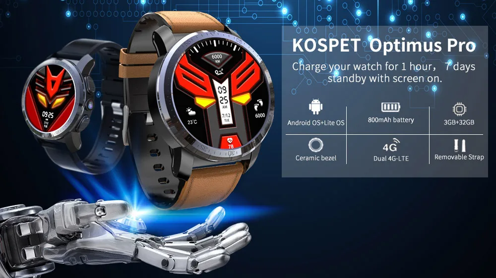 KOSPET Optimus Pro, 3 ГБ, 32 ГБ, 800 мА/ч, батарея, две системы, 4G, смарт-часы, телефон, водонепроницаемые, 8,0 МП, 1,39 дюйма, Android 7.1.1, Смарт-часы для мужчин