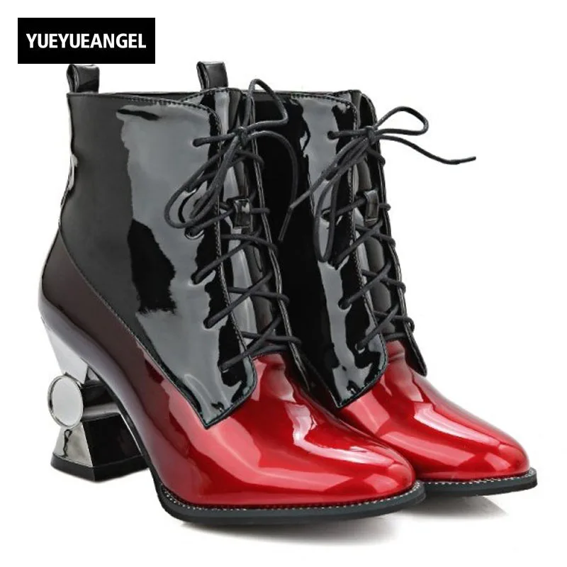 New Fashion Women Shoes Shiny Patent Leather Lace Up Pointed Toe For Women Ankle Boots Strange Style Sexy Punk Shoes Black Pink цена New Fashion Women Shoes Shiny Patent Leather Lace Up Pointed Toe For Women Ankle Boots Strange Style Sexy Punk Shoes Black Pink цены онлайн