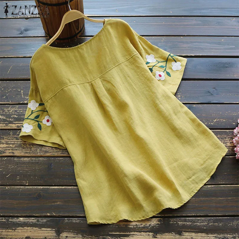 ZANZEA летняя винтажная блузка с вышивкой, женские хлопковые льняные Топы с коротким рукавом, Женские однотонные блузы, Повседневная Рабочая Рубашка, Femininas