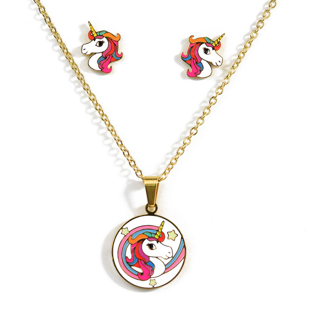 Cute Pink Horse Unicorn Design Enamel Stainless Steel Gold Color Necklaces earring Set Fashion Jewelry Kids Gift