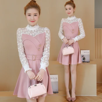 

Spring New Hollow Out Splicing Women Sweet Lace Dress Patch Pink Long Sleeve Button Belt Lady Clothes Vestidos Fashion S-XL