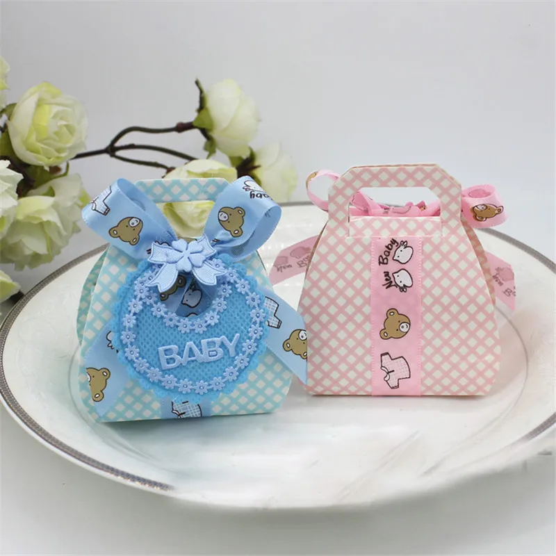 

24PC Lovely Candy Bag Birthday Pink Blue Baby Kid Boy Girl Decoration Baptism Baby Shower Paper Favors Gift Box For Guest