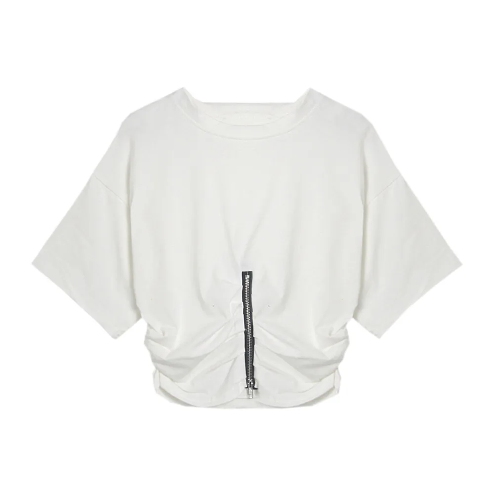 Fashion Women Casual Short Sleeve O Neck Zipper Top Crop Tops Shirt