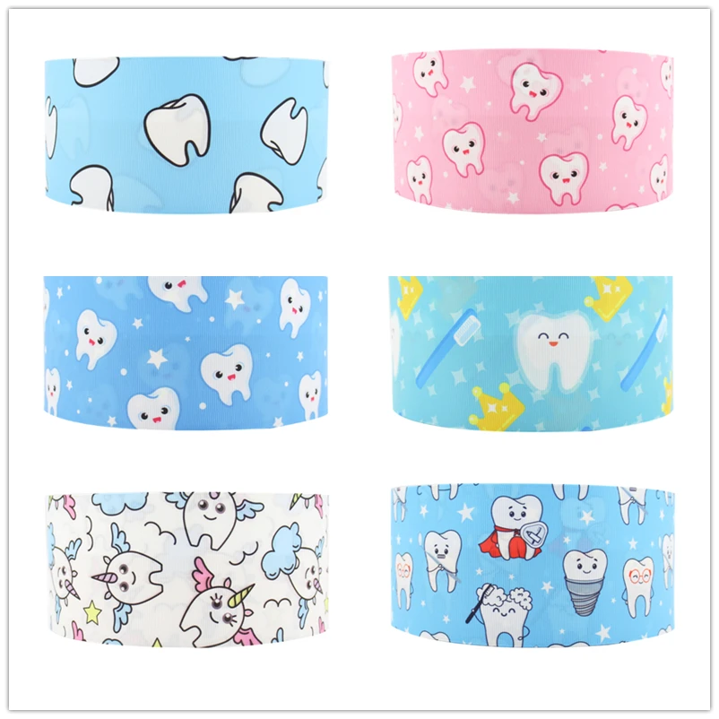 

Q&N 16mm 22mm 25mm 38mm 50mm 75mm nurse day teeth cartoon printed grosgrain/FOE ribbon Accessories DIY handmade material