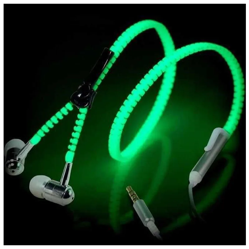  Hot sale Glow Headphone Luminous Light Metal Zipper Earphone Glow In The Dark Headphones Headset for Iphone Samsung Xiaomi MP3/4 