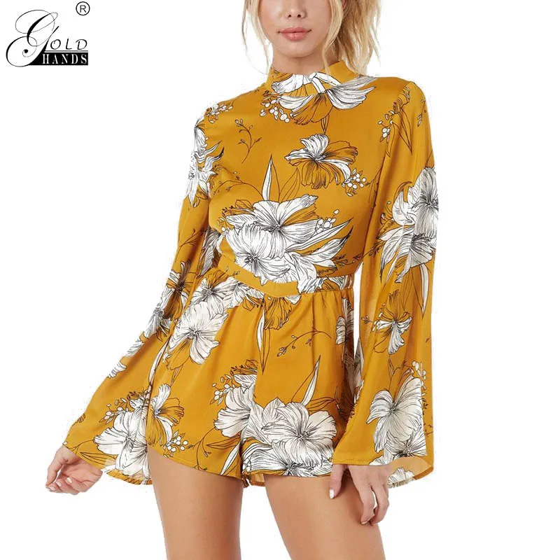 

Gold Hands Summer Women Bohemian Style Backless Print Chiffon Dress Yellow Sashes Flare Sleeve Casual Dress Free Shipping