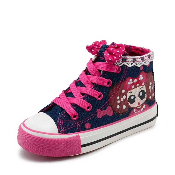 Популярная джинсовая обувь на плоской подошве для девочек Детская парусиновая обувь с кружевом и бантом Повседневная дышащая детская обувь принцессы - Цвет: Синий
