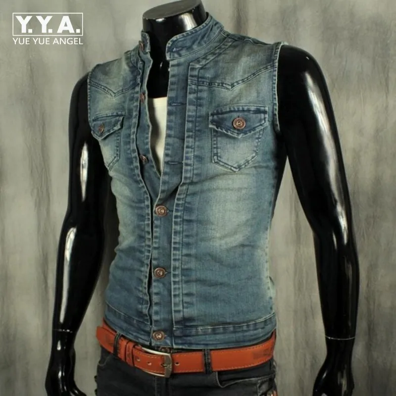 

High Quality Spring & Summer New Brand Fashion Mens Single Button Vests Stretch Cotton Jean Waistcoats Jackets chaleco Size 2XL