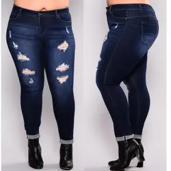 L-5XL 2018 плюс Размеры свободные джинсы женские рваные карандаш Брюки для девочек Высокая Талия Blue Jean