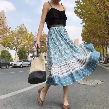 

Oracle Boho Elastic Waist Print Midi Skirts Women Big Ruffled Hem Chic Hippie Skirt Female Faldas Mujer Moda 2018
