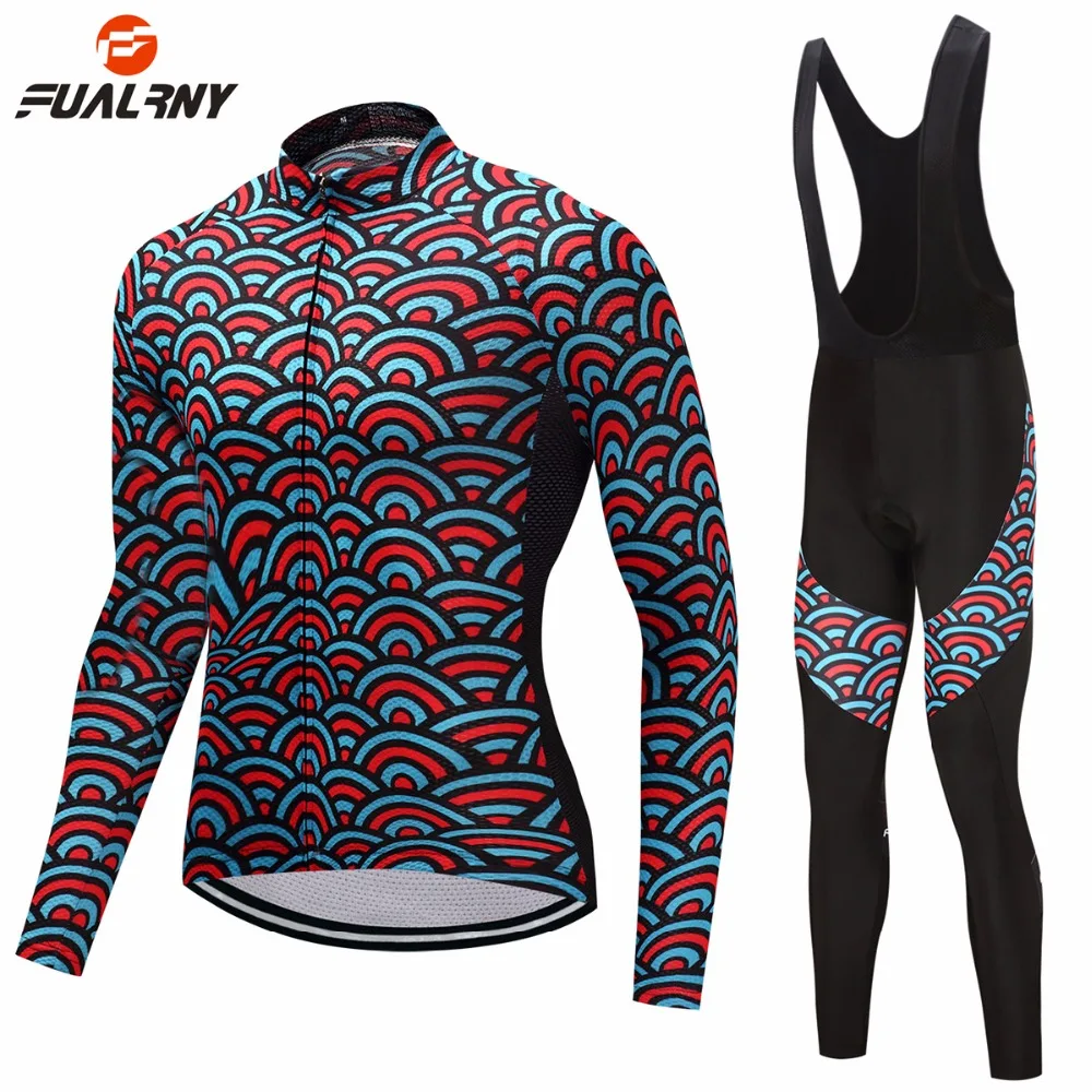 

FUALRNY Cycling Clothing Set Long Sleeve Breathable Winter Thermal Fleece Mountain Bike MTB Jerseys Bib Pants Sets for Men Women