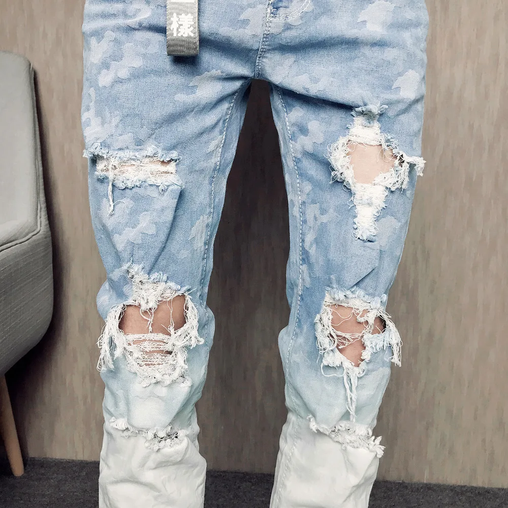 Summer Jeans Men Fashion 2019 Slim Fit Gradient Color Ripped Men Jeans Hole Design Casual Print Denim Pants Men Trousers 32-28