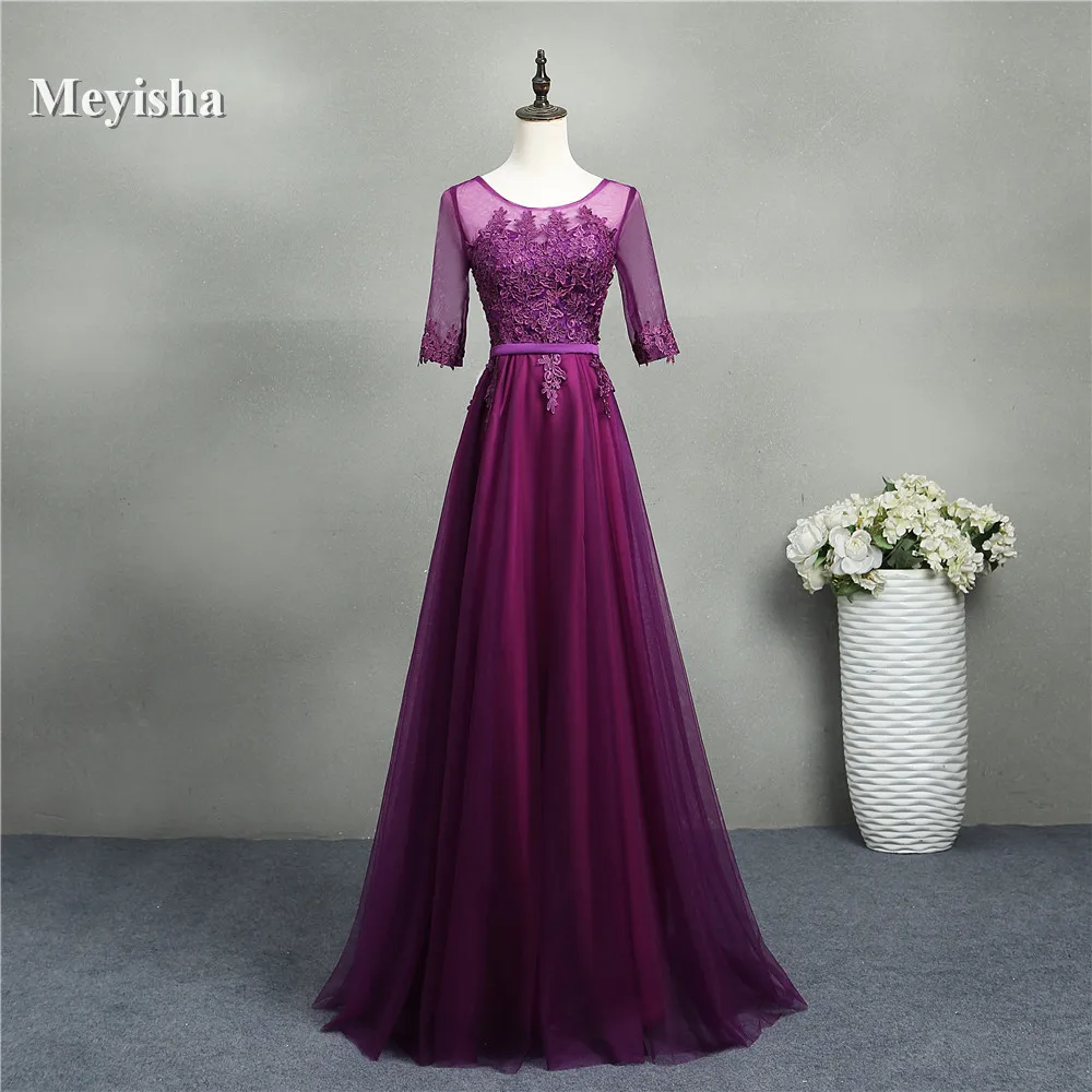 

ZJ7031 Fashion Lace Sexy Backless Long Tulle o neck Purple Evening Dresses Elegant Party Prom Dress Plus Size Maxi Custom Made