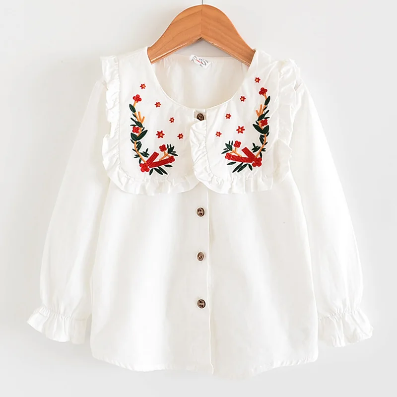 

Girls Shirts 2019 Autumn New Children's Clothing Girls Simple Sweet Flower Embroidery Large Lapel Cotton Long-Sleeved Shirt