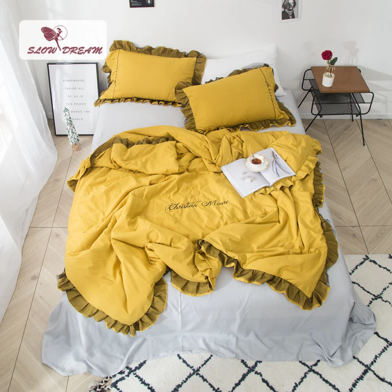 

SlowDream 1PCS Yellow Bedding Summer Quilt Luxury Decorative Bed Blanket Lace Decor Home Double Queen Summer Soft Comforter