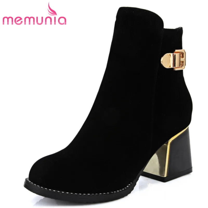 

2019 Fashion high quality flock ankle boots for women autumn winter high heel round toe solid black women boots ladies shoes