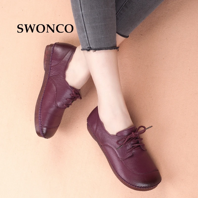 

SWONCO Women's Flats Shoes Genuine Leather Handmade Ladies Shoe Women Shoes Flat Leather Soft Bottom 2018 Autumn Woman Shoe