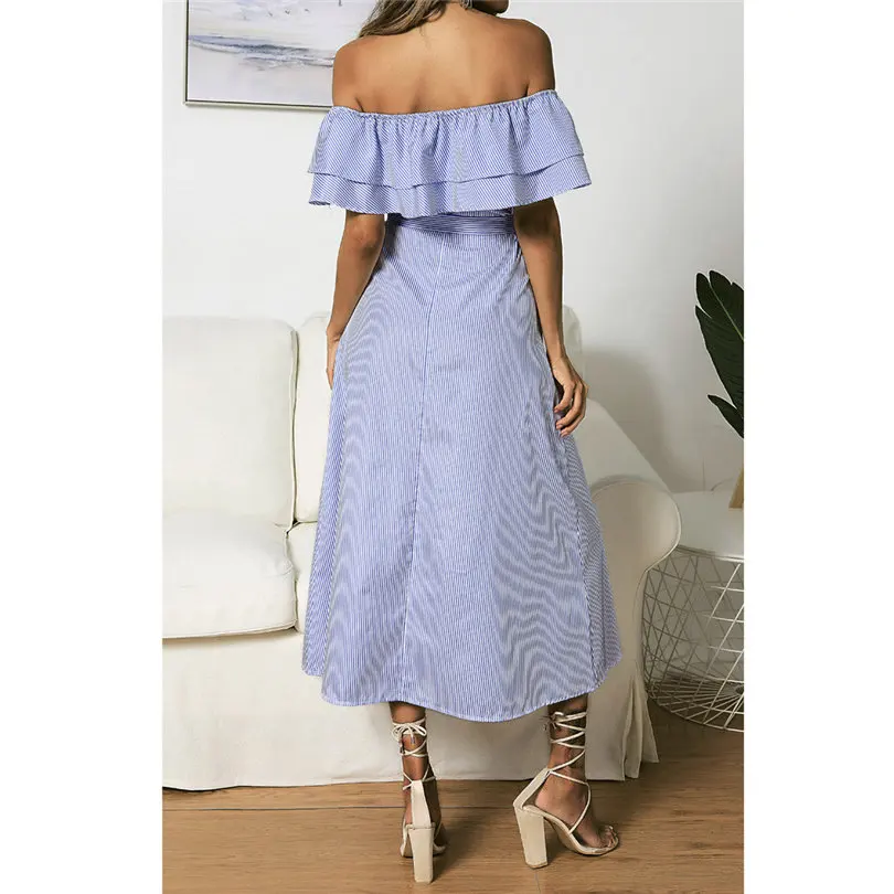 Plus Size New Fashion Women Summer Casual Daily Sexy Off Shoulder Button Dress Short Sleeve Slash Neck Striped Dress #4A18 (12)