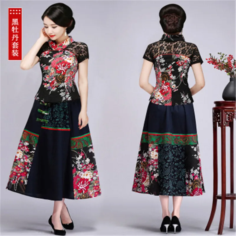 2019 Китайская одежда Женская мода комплект из двух предметов Элегантный Плюс Размер 6XL печать Лен Хлопок Тан костюм винтажный этнический