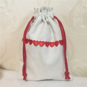 

YILE 1pc Off White Cotton Canvas Red Satin Love Heart Drawstring Organizer Wedding Party Gift Bag Red Love Heart 8123b
