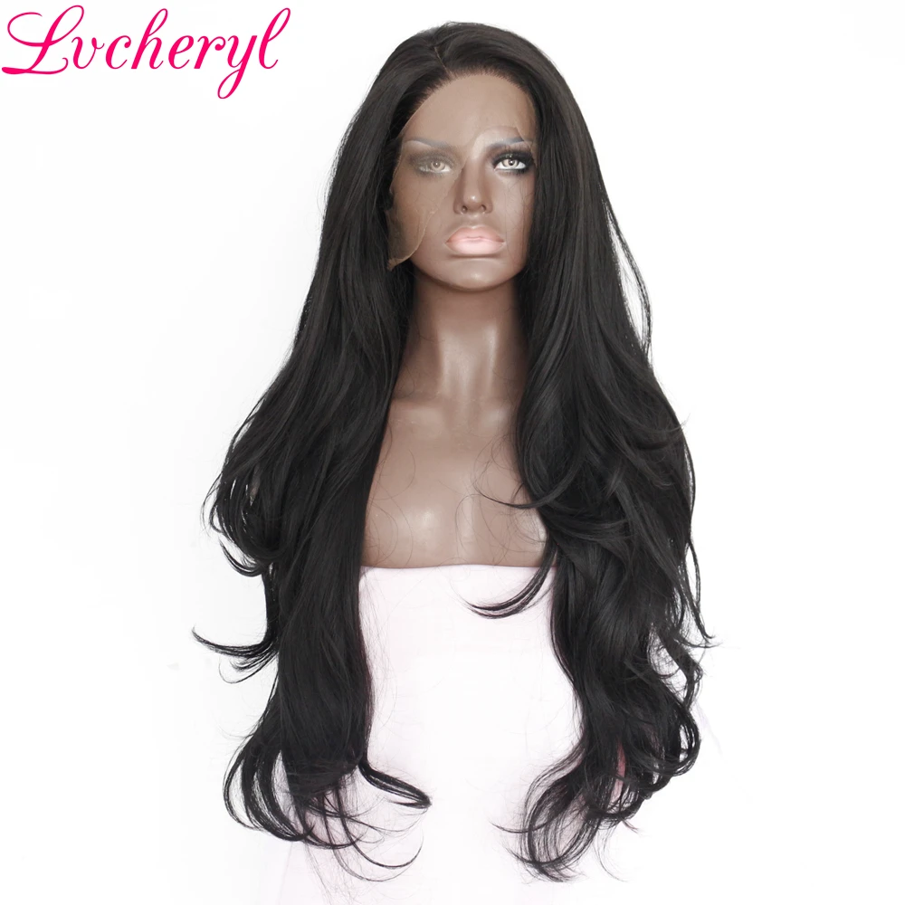 

Lvcheryl Natural Long Wavy Hand Tied Black Color Glueless Heat Resistant Synthetic Lace Front Wigs for Daily Wear