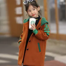 Пальто с капюшоном для девочек осень-зима года, детская одежда большого размера, Детское пальто с буквенным принтом детская одежда
