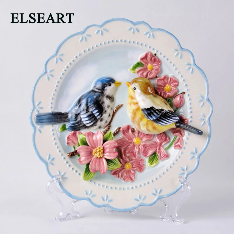 

Ceramic country birds wall dishes with plastic shelf porcelain decorative plates home decoration art and craft
