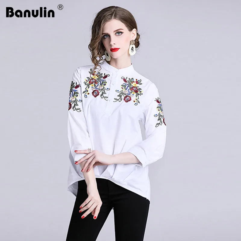 

Banulin Vintage White Floral Embroidered Blouses For Women Loose Half Lantern Sleeve Shirt Women Cotton Tops Casual Blusas