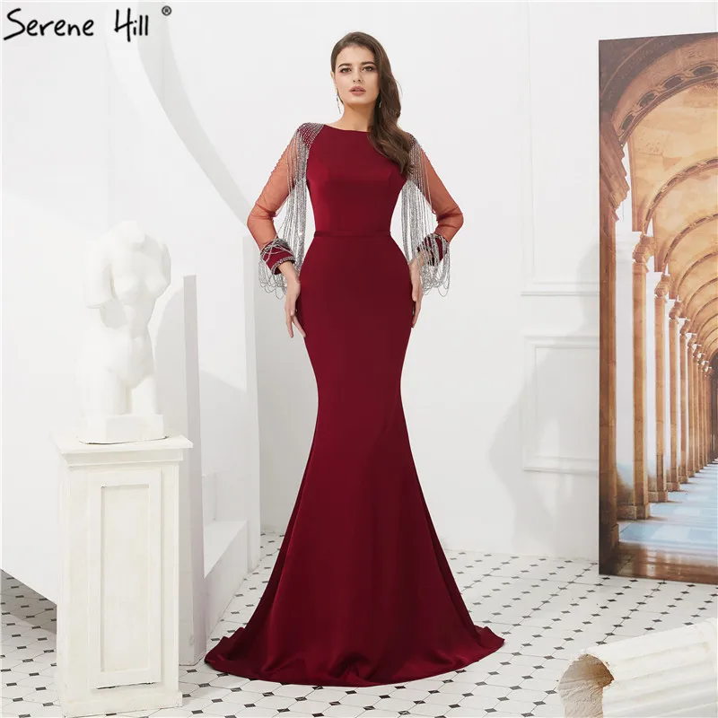 Сексуальное вечернее платье русалки с длинным рукавом, красное вино, с кисточками, длинное вечернее платье, Robe De Soriee BLA6219 - Цвет: winered