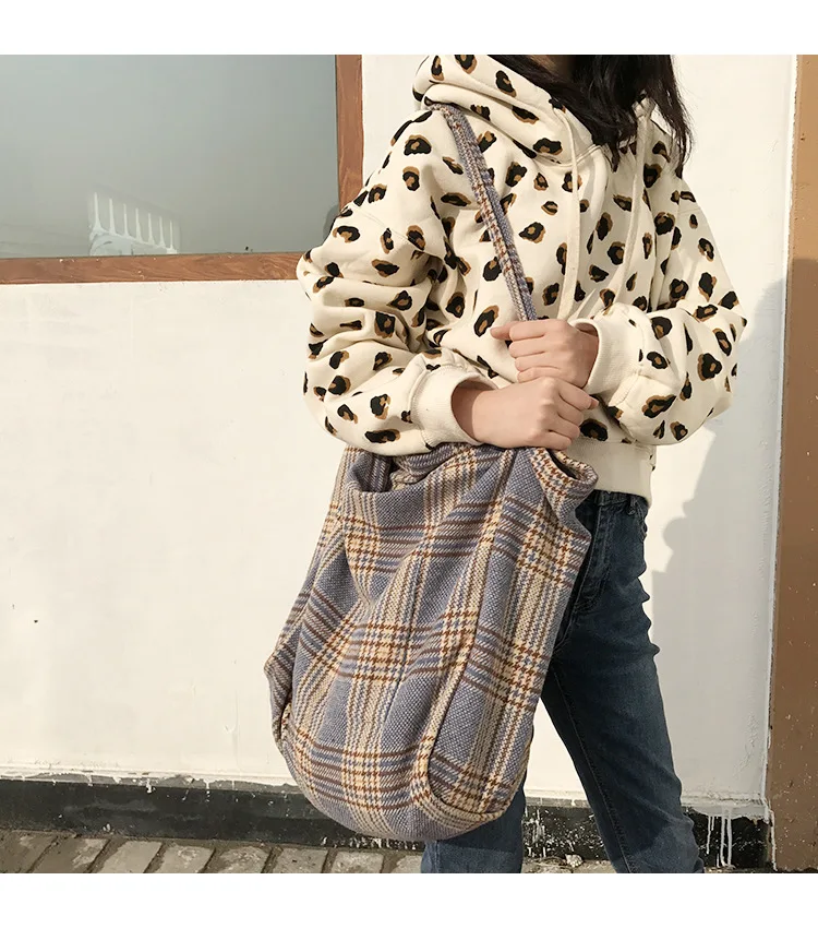 Women Woolen Canvas Bags Scottish Pattern Vintage Plaid Female Large Capacity Big Tote Handbag Ladies Casual Shoulder Bag