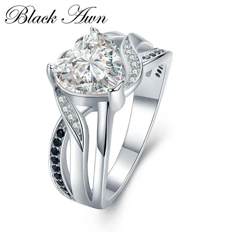 

[BLACK AWN] 4.7g Engagement Rings for Women 925 Sterling Silver Jewelry Black&White Stone Heart Zircon Bague Lover Gift C422