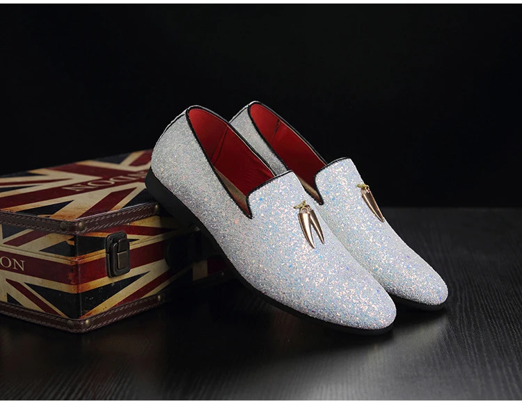 ZERO MORE/Блестящая Брендовая обувь; мужские дизайнерские Роскошные лоферы с блестками; Мужская обувь в британском стиле; белая мужская обувь; повседневная обувь; большие размеры