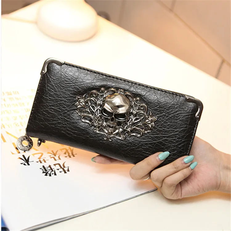 

110318 new hot women long zipper skulls punk fashion hand bag clutch wallet
