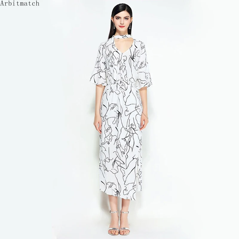 Arbitmatch Fashion Women Dresses Rayon Summer Dress Half Sleeve Print