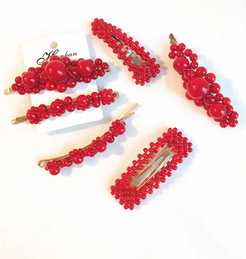 

2019 Fashion Metal Hair Accessories Geometricr Red Color Hair Clip For Women Imitiation Pearl Hairpin Barrettes Hairgrip