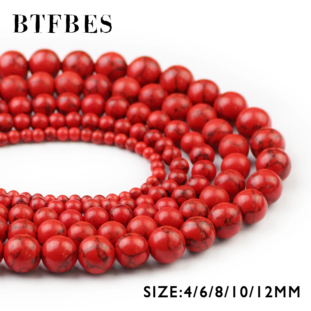 

BTFBES Round Shape Natural Red Veins Beads Red Color Stone Loose Bead For Jewelry Making DIY Accessories Bracelets 4/6/8/10/12mm