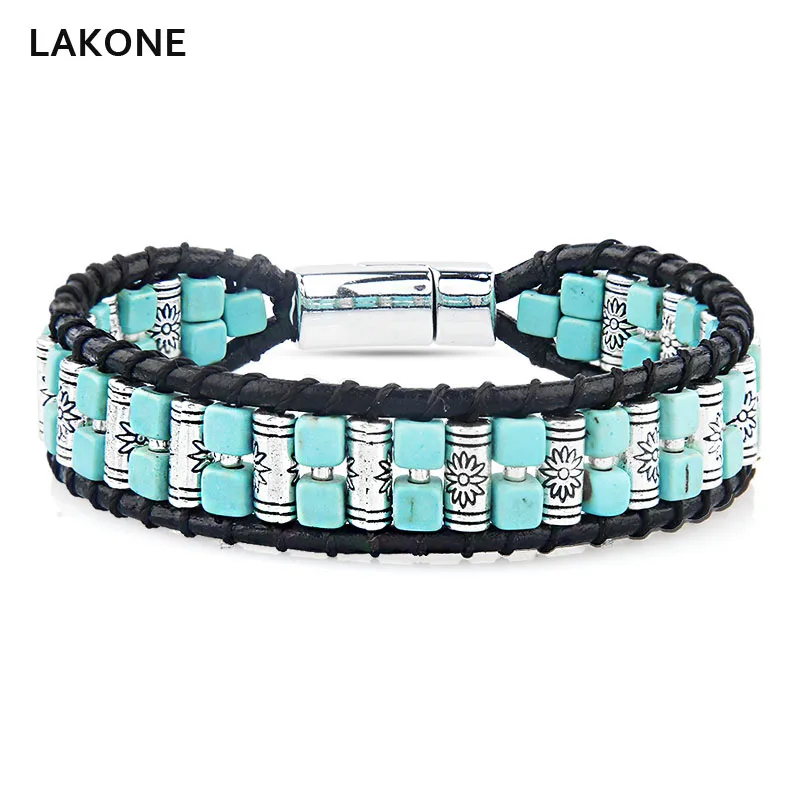 

Beaded Wrap Bracelet Turquoises Leather Wrap Bracelets Native American Style Men's Boho Seed Beads Magnetic clasp Women Square