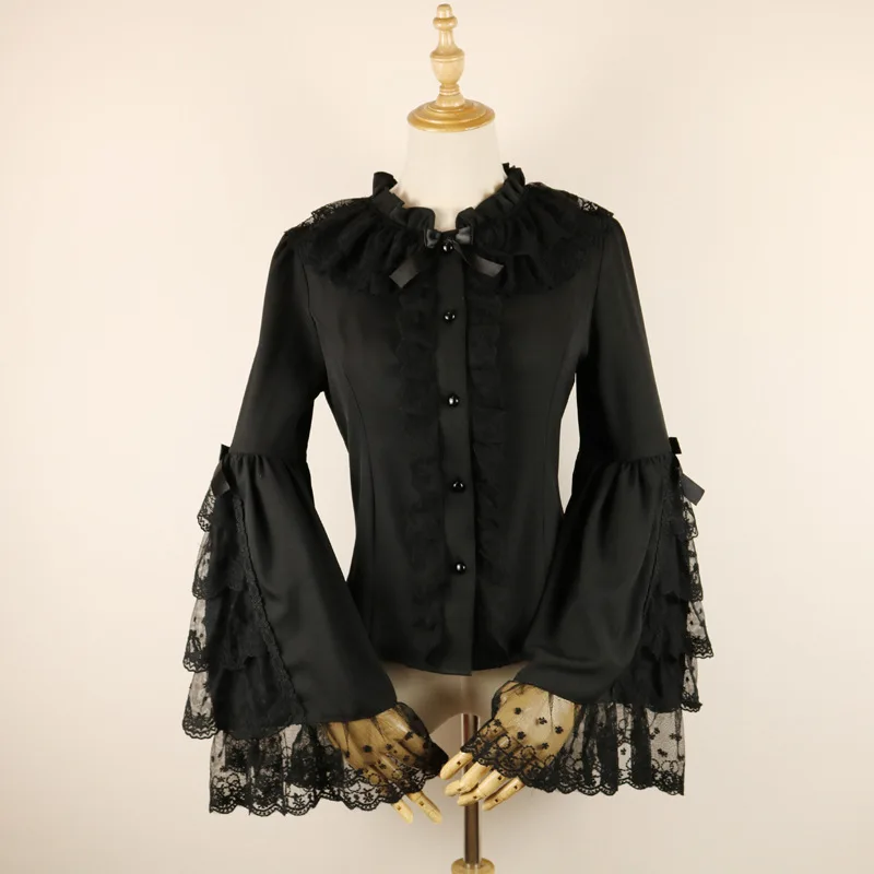 Женская винтажная блузка черная с длинным рукавом в стиле лолита|camisas mujer|chiffon